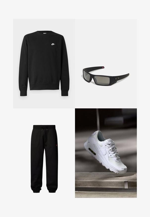 Czarna bluza z bawełny, z okrągłym dekoltem, długimi rękawami i małym białym logo Nike na górnej lewej stronie klatki piersiowej.; Czarne dresy wykonane z bawełny, z elastycznym paskiem w talii i sznurkiem do regulacji. Rękawy są elastyczne. Posiadają małą czerwoną naszywkę z logo.; Białe sneakersy Nike Air Max 90 z siateczkowym i skórzanym wierzchem, perforowanym czubkiem oraz widoczną jednostką Air w pięcie.; Czarne okulary przeciwsłoneczne z matowym wykończeniem, prostokątne soczewki, lekko wygięte zauszniki, subtelny detal z logo oraz szkła w odcieniu dymnym.