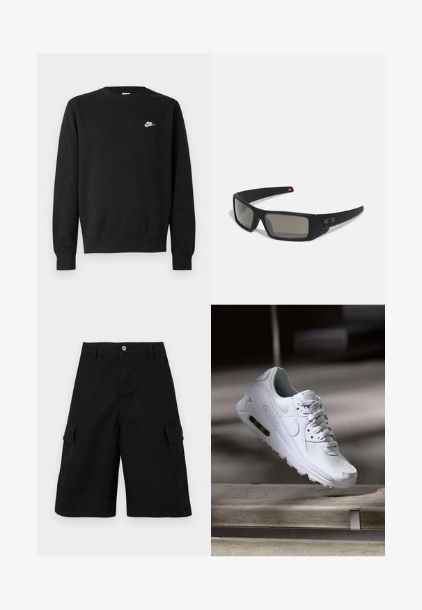 Schwarzer Sweatshirt aus Baumwolle mit rundem Ausschnitt, langen Ärmeln und einem kleinen weißen Nike-Logo auf der oberen linken Brust.; Schwarze Cargo-Shorts aus robustem Material. Verfügt über zwei Seitentaschen, einen Reißverschluss und einen schlichten Bund mit einem Metallknopf.; Weiße Nike Air Max 90 Sneaker mit einem Obermaterial aus Mesh und Leder, durchlässigem Zehenbereich und einer sichtbaren Air-Einheit in der Ferse.; Schwarze Sonnenbrille mit matter Oberfläche, rechteckigen Gläsern, leichtem Bogen an den Schläfen, dezentem Logo-Detail und rauchgetönten Gläsern.