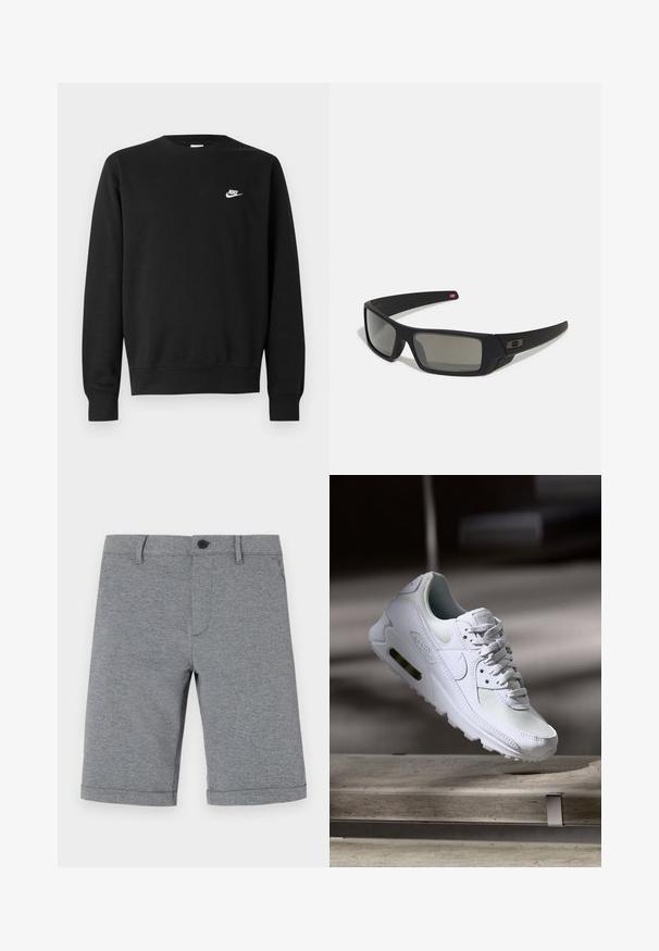 Črni pulover iz bombaža z okroglim izrezom, dolgimi rokavi in majhnim belim logotipom Nike na zgornjem levem delu prsnega koša.; Sive hlače do kolen iz teksturirane tkanine z gumbom na zapiranju, enim sprednjim žepom in previdno zavihanimi robovi.; Bela Nike Air Max 90 športna obutev z mrežastim in usnjenim zgornjim delom, perforiranim prstnim delom in vidno zračno enoto v peti.; Crne sončne naočale s mat površinom, pravokutne leće, blagi luk na sljepilima, diskretna oznaka i leće sa dimnim nijansama.