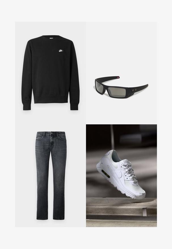 Černá bavlněná mikina s kulatým výstřihem, dlouhými rukávy a malým bílým logem Nike na levé horní části hrudi.; Tmavě šedé džíny rovného střihu vyrobené z denimu, s klasickým designem pěti kapes a zapínáním na knoflík v pase.; Bílé tenisky Nike Air Max 90 s vrchním materiálem z textilu a kůže, perforovanou špičkou a viditelnou vzduchovou jednotkou v patě.; Černé sluneční brýle s matným povrchem, obdélníkové čočky, mírná křivka na spáncích, nenápadný detail loga a čočky s kouřovým zabarvením.