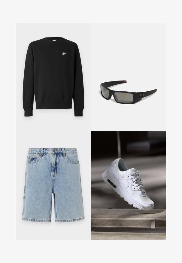 Sweatshirt preta de algodão, com gola redonda, mangas compridas e pequeno logótipo branco da Nike no lado superior esquerdo do peito.; Shorts de denim azul claro com um corte largo, apresentando fecho de botão, bolsos frontais e desvanecimento sutil. Design simples, sem padrões visíveis.; Sapatilha Nike Air Max 90 branca com parte superior em malha e couro, caixa de dedos perfurada e uma unidade de ar visível no calcanhar.; Óculos de sol pretos com acabamento mate, lentes retangulares, leve curvatura nas hastes, detalhe sutil do logo e lentes de cor fumada.