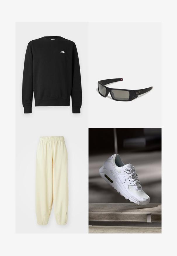Sweatshirt preta de algodão, com gola redonda, mangas compridas e pequeno logótipo branco da Nike no lado superior esquerdo do peito.; Calças de moletão na cor creme com um cós elástico, punhos de perna afunilados e um corte solto. Feitas de um tecido suave e leve.; Sapatilha Nike Air Max 90 branca com parte superior em malha e couro, caixa de dedos perfurada e uma unidade de ar visível no calcanhar.; Óculos de sol pretos com acabamento mate, lentes retangulares, leve curvatura nas hastes, detalhe sutil do logo e lentes de cor fumada.