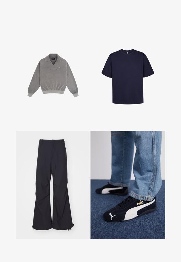 Gray pullover with a wide collar, ribbed hem, and cuffs. Soft fabric with a slightly textured surface. Front seam and logo accent.; Navy blue cotton t-shirt with a round neckline, short sleeves, and a loose fit. Smooth texture and minimalistic design without patterns or accents.; Navy blue wide-leg pants featuring a smooth fabric, two front pockets, and drawstring accents at the hem. Clean, tailored design with no embellishments.; Black suede sneakers with white accents, featuring a gold logo. Worn with light blue denim jeans and set on a textured blue surface.