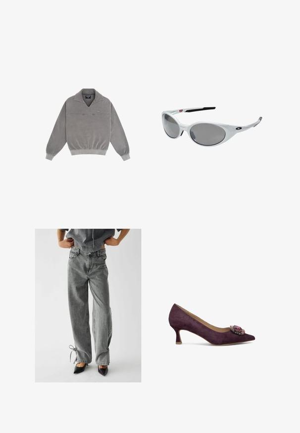 Gray pullover with a wide collar, ribbed hem, and cuffs. Soft fabric with a slightly textured surface. Front seam and logo accent.; Gray high-waisted jeans with a straight-leg design, front pockets, and tie detail at the hems, paired with pointed black heels.; Purple suede pump with a pointed toe and a decorative jeweled accent on the vamp. Features a low, flared heel for stability.; White plastic sunglasses with large oval lenses, gray tinted. Features black ear grips and a small logo on the frame. Smooth finish.