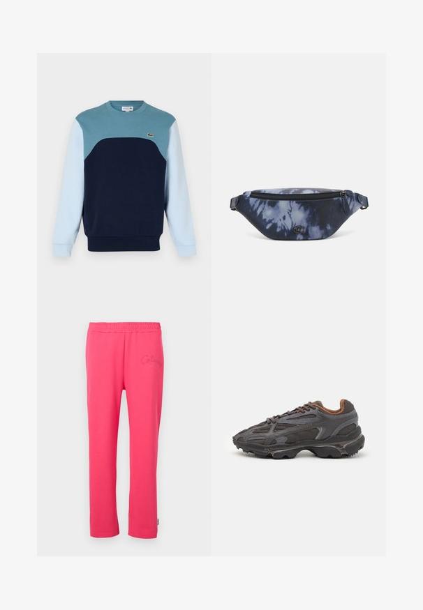 Sudadera azul de algodón. Presenta un diseño en bloques de color con paneles en teal, azul marino y azul claro. Incluye un pequeño logo en el pecho.; Pantalones de lounge de algodón rosa con una cinturilla elástica y detalle de logo bordado en la parte delantera. Cuenta con un diseño de pierna recta.; Zapatillas Lacoste en gris oscuro con material de malla y sintético, que cuentan con una suela texturizada y detalles en marrón en el cuello y la marca.; Riñonera en estampado de tie-dye azul oscuro con cremallera en la parte superior, material texturizado y un detalle de logotipo prominente en la parte frontal.