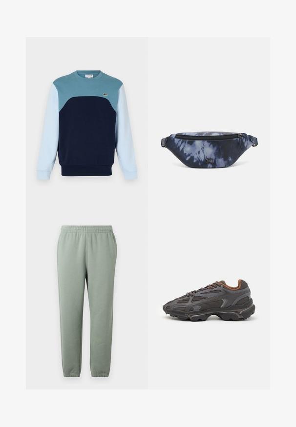 Sudadera azul de algodón. Presenta un diseño en bloques de color con paneles en teal, azul marino y azul claro. Incluye un pequeño logo en el pecho.; Pantalones de chándal verde claro con una cinturilla elástica, piernas ajustadas y puños en los tobillos. Fabricados con un tejido suave y ligero.; Zapatillas Lacoste en gris oscuro con material de malla y sintético, que cuentan con una suela texturizada y detalles en marrón en el cuello y la marca.; Riñonera en estampado de tie-dye azul oscuro con cremallera en la parte superior, material texturizado y un detalle de logotipo prominente en la parte frontal.