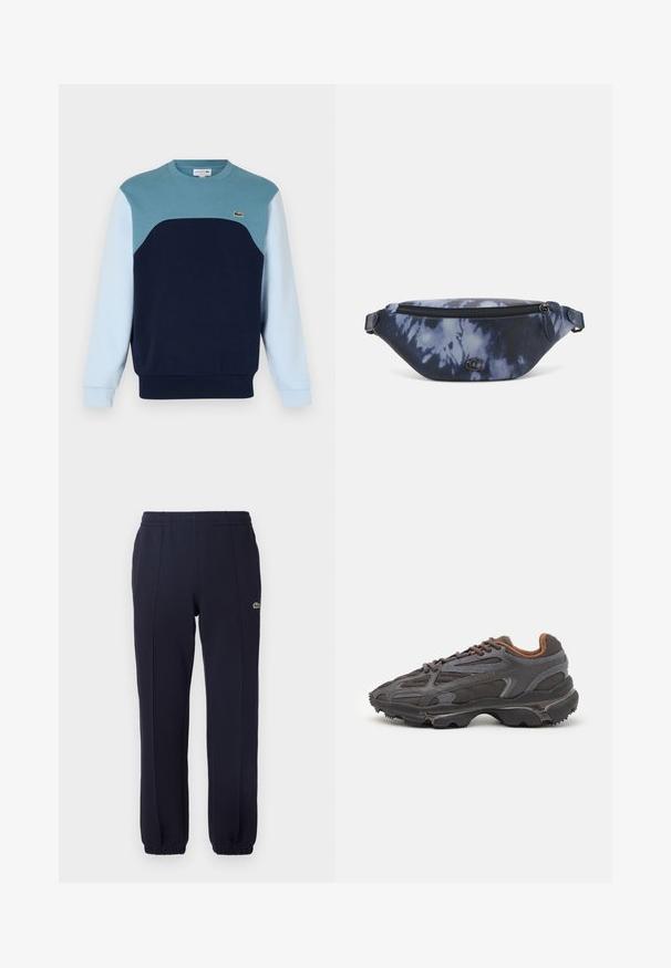 Kék pamut pulóver. Színblokk dizájnnal rendelkezik, amely türkiz, sötétkék és világoskék panelekből áll. Kicsi logó található a mellkason.; Sötétkék sportnadrág puha anyagból, rugalmas derékpánttal, gumírozott szegélyekkel és egy kis logóval az oldalon.; Sötét szürke Lacoste sportcipők hálós és szintetikus anyagból, textúrázott talppal és barna díszítésekkel a nyak részen és a logón.; Sötétkék, batikolt mintás övtáska cipzáros tetejével, textúrált anyagból, és a fronton kiemelkedő logó részlettel.