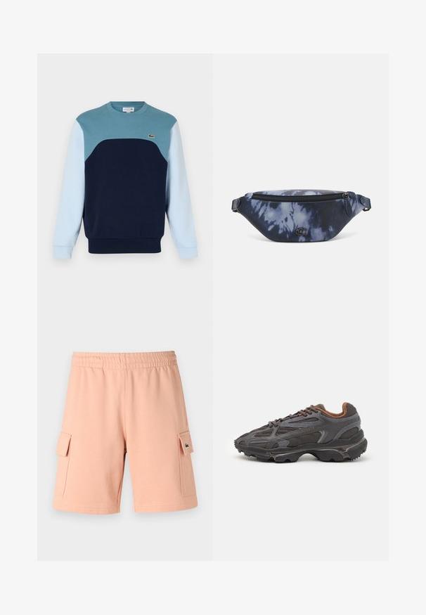 Blauwe sweatshirt gemaakt van katoen. Heeft een kleurblokontwerp met teal, marineblauw en lichtblauwe panelen. Bevat een klein logo op de borst.; Lichtroze shorts van katoenmix met een elastische tailleband, twee zijzakflappen en een groene logo-accent.; Lacoste sneakers in donkergrijs van mesh en synthetisch materiaal, met een gestructureerde zool en bruine accenten op de kraag en branding.; Fanny pack in donkerblauw tie-dye print met een ritssluiting bovenaan, textuur materiaal en een opvallend logo op de voorkant.