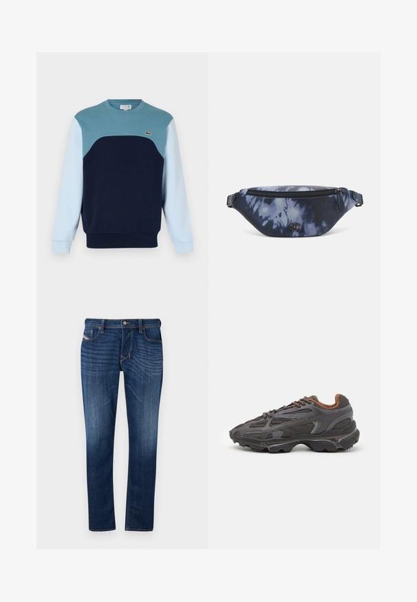 Sweatshirt albastru, din bumbac. Prezintă un design colorat cu panouri în nuanțe de teal, bleumarin și albastru deschis. Include un mic logo pe piept.; Jeans din denim de culoare albastră închise, cu croială dreaptă, având un design cu cinci buzunare, cusături vizibile și închidere cu un nasture metalic la talie.; Adidași Lacoste de culoare gri închis, din material mesh și sintetic, cu o talpă texturată și accente maronii pe guler și branding.; Pungă tip fanny în imprimeu tie-dye de culoare albastru închis, cu un închidere tip fermoar, material texturat și un detaliu logo proeminent pe față.