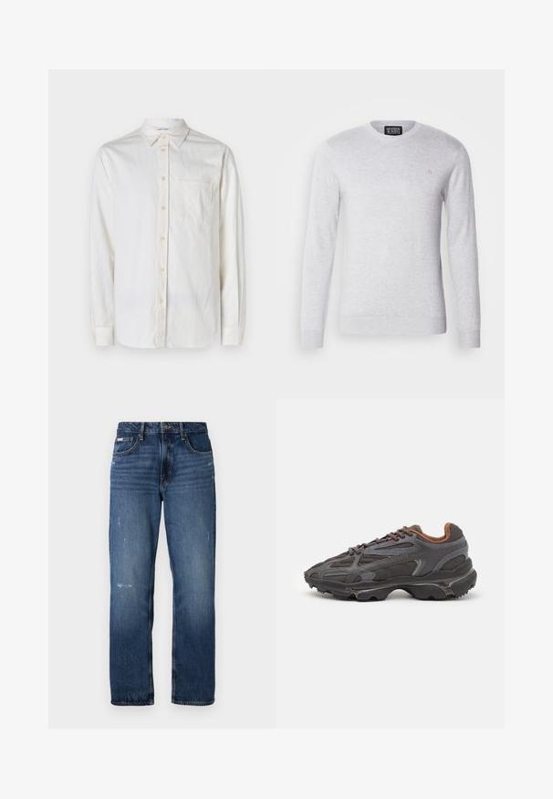 Heledad hall hallideedega kudum, ümmargune kaelus ja rinnal väike logo. Pehme tekstuur, vabaaja disain.; Pikad varrukad, valgest tekstuuriga kangast särk, millel on nööpidega krae, esikott ja nööbid keerme ning mansettide juures.; Sinine denimist valmistatud sirge jala disainiga teksad. Esiosal on pleekinud alad ja kerge kulumine, klassikaline nupplukuga.; Tumed hallid Lacoste tossud, mis on valmistatud võrkkangast ja sünteetilisest materjalist, omavad tekstureeritud talla ning pruune aktsente kaeluse ja brändingu juures.