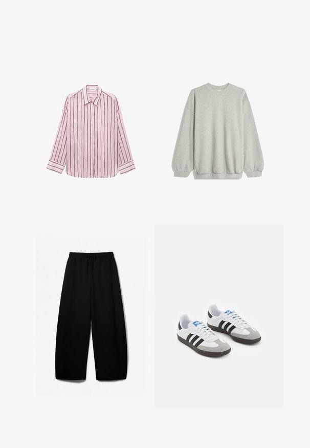 Gray sweatshirt made of soft fabric, featuring a crew neck, long sleeves with elastic cuffs, and a relaxed fit. No patterns or accents.; Light pink long-sleeve button-up shirt with vertical black stripes, classic collar, and cuffed sleeves. Soft fabric with a smooth texture.; Black wide-leg pants with an elastic waistband and drawstring. Soft fabric with a smooth texture. Straight cut with side seams.; Sport shoes with a white leather upper, gray suede toe, and three black stripes. Features a blue logo on the tongue and a textured rubber sole.