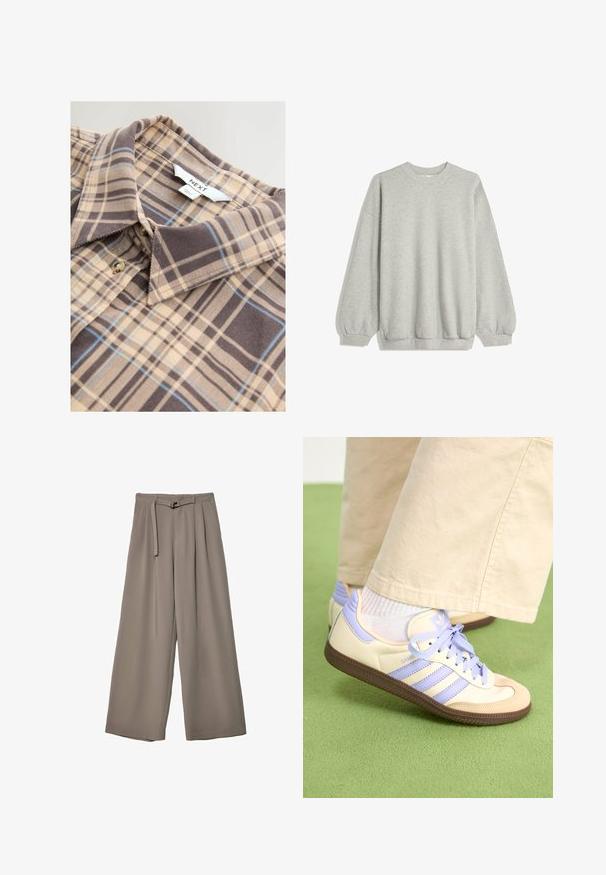 Grijze sweatshirt van zacht materiaal, met een ronde hals, lange mouwen met elastische manchetten en een relaxte pasvorm. Geen patronen of accenten.; Gecontroleerde beige shirt met bruine en blauwe ruitpatronen, kraag en knoopsluiting. Gemaakt van zachte stof met een gladde textuur.; Wijd nietenbroeken van een zachte, gedempte grijze stof, met een ceintuur in de taille en plooien voor extra ontwerpelementen. Gladde textuur, geen patronen.; Crème- en lavendel-sneakers met drie strepen en een gestructureerde bruine zool, voorzien van veters en een gewatteerde hiel. Zachte stoffen bovenkant.