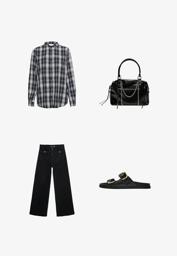 Harmaa huppari, joka on valmistettu pehmeästä kankaasta. Siinä on pyöreä kaula-aukko, pitkät hihat elastisilla hihoilla ja rento istuvuus. Ei kuvioita tai korostuksia.; Napapaita sinivalkoisessa ruutukuviossa, pitkät hihat, valmistettu flanellimateriaalista, jossa on mandariinikaulus ja mustat napit.; Mustat leveälahkeiset farkut korkean vyötärön kanssa, joissa on kaksi etutaskua ja metalliset nappikoristeet. Kangas on sileä.; Musta liukusandaali, jossa on kaksi kultaisesta solkesta tehtyä korostusta, sileäpintainen materiaali, litteä pohja ja minimalistinen muotoilu.; Bershka WITH CHAIN - Käsilaukku - black