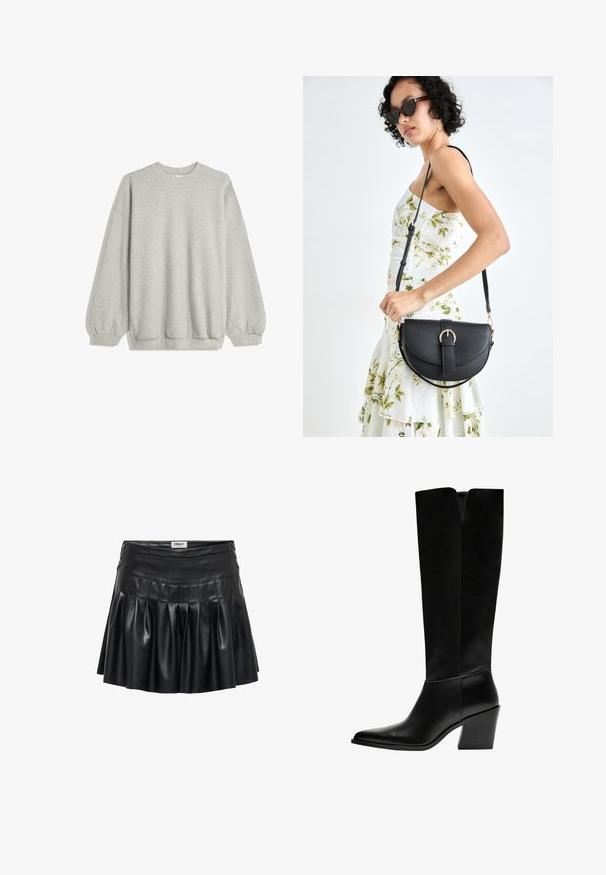 Harmaa huppari, joka on valmistettu pehmeästä kankaasta. Siinä on pyöreä kaula-aukko, pitkät hihat elastisilla hihoilla ja rento istuvuus. Ei kuvioita tai korostuksia.; Mustavilla tekonahkahameella, jossa on poimutuksia, istuva vyötärö ja koriste-elementtejä sivuilla. Sileä pinta, jossa on kiiltävä viimeistely.; Mustat polvimittaiset saappaat, jotka on valmistettu sileästä nahasta. Saappaissa on terävä kärki, tukevat korko ja V-muotoinen leikkaus ylhäällä.; Musta nahkainen käsilaukku, joka on kaareva muotoilultaan, irrotettavalla hihnalla ja kultaisilla yksityiskohdilla. Laukussa on läppä, jossa on solk yksityiskohta.