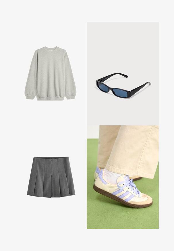 Harmaa huppari, joka on valmistettu pehmeästä kankaasta. Siinä on pyöreä kaula-aukko, pitkät hihat elastisilla hihoilla ja rento istuvuus. Ei kuvioita tai korostuksia.; Hame gray kerdan, shamgheh az barda khod, ba waist band va namayesh khod rah nazdik sekhtari mojuda barayeh. ; Kermasilta ja laventelilta näyttävät lenkkarit kolmella raidalla ja teksturoidulla ruskealla pohjalla, varustettuna nauhoilla ja pehmustetulla kantapäällä. Pehmeä kangaspinta.; Mustat aurinkolasit, joissa on tyylikäs suorakulmainen kehys ja siniset linssit. Ominaisuuksiin kuuluu sileä pinta ja tukevat templet. Merkkilogo sivussa.