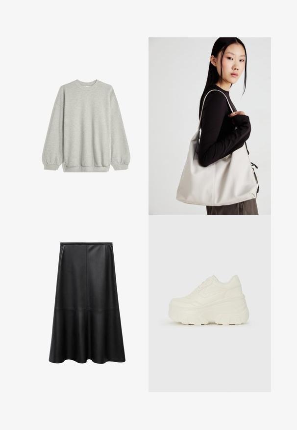 Grauer Kapuzenpullover aus weichem Stoff, mit Rundhalsausschnitt, langen Ärmeln mit elastischen Bündchen und einem lockeren Schnitt. Keine Muster oder Akzente.; Schwarzer Lederrock, A-Linien-Form, knielang, glatte Textur, Nahtdetails, ausgestellt gesäumt und unsichtbarer Reißverschluss hinten.; Weiße Platform Sneakers mit einem glatten, lederähnlichen Obermaterial, abgerundeter Form, gepolstertem Kragen und strukturierten Gummisohlen mit ausgeprägten Stollen.; Beige Handtasche aus weichem Material, mit einem lässigen Design, gesteppten Details und zwei Schulterriemen. Geeignet für den täglichen Gebrauch.
