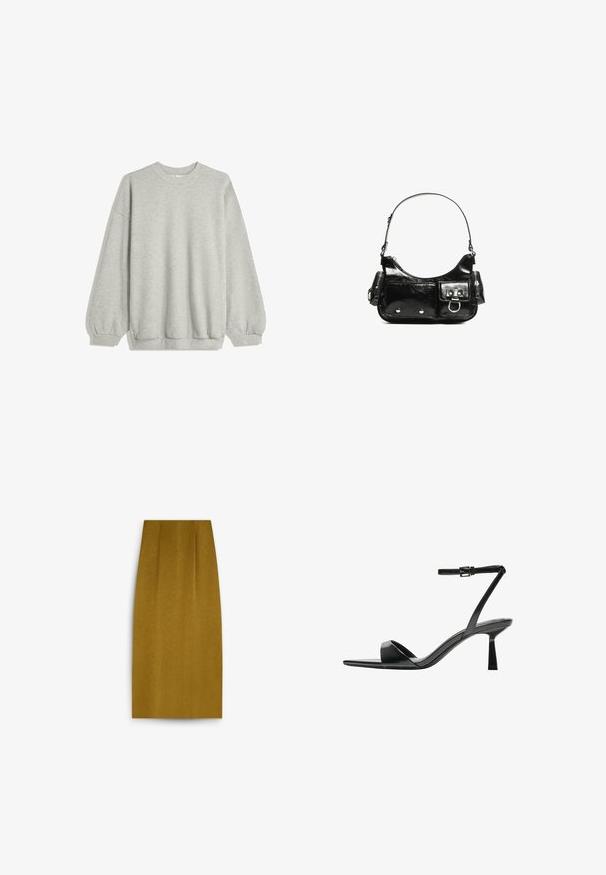Šedá mikina vyrobená z měkké látky, s kulatým výstřihem, dlouhými rukávy s elastickými manžetami a volným střihem. Bez vzorů nebo akcentů.; Knee-length hořčicově žlutá tužková sukně s hladkým povrchem, která má rovný střih a jemné přední sklady.; Bershka Sandály na vysokém podpatku - black; Černá lakovaná kožená kabelka s křivkovým tvarem, jedním ramenním popruhem, předními kapsami a stříbrnými kovovými detaily.