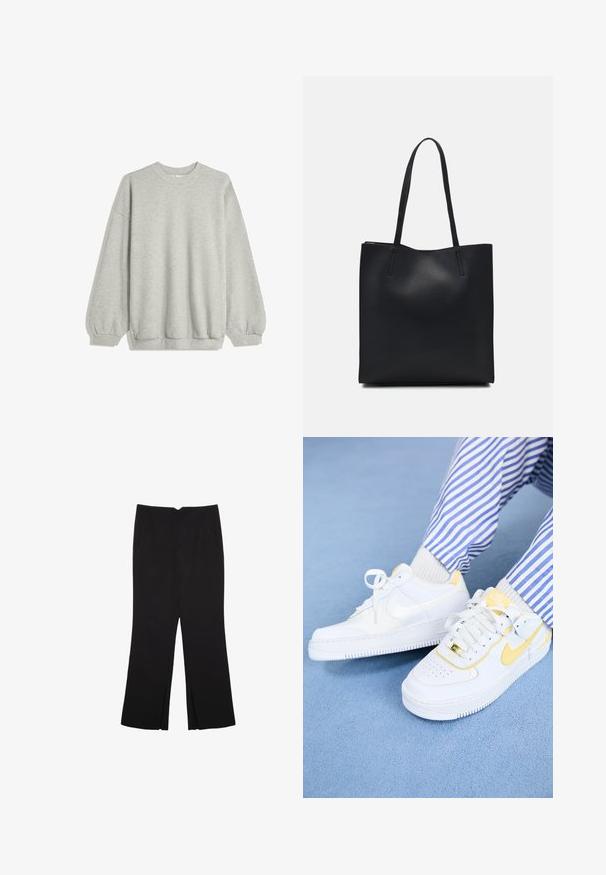 Felpa grigia realizzata in morbido tessuto, caratterizzata da un collo tondo, maniche lunghe con polsini elastici e una vestibilità rilassata. Senza motivi né decorazioni.; Pantaloni neri a gamba dritta, con tasche frontali e spacchi laterali all'orlo. Realizzati in tessuto morbido e liscio. Adatti a diverse occasioni.; Sneakers Nike Air Force 1 bianchi con accenti gialli e punta perforata, abbinate a pantaloni a righe blu e bianchi. Sfondo blu testurizzato.; Borsa tote in pelle nera con texture liscia, forma rettangolare e due manici lunghi. Nessun hardware o decorazione visibile.