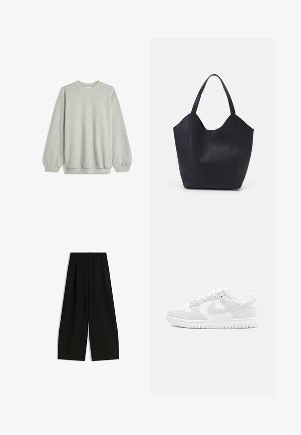 Hanorac gri dintr-un material moale, având guler rotund, mâneci lungi cu manșete elastice și o croială lejeră. Fără modele sau accente.; Pantaloni negri cu croi larg, confecționați dintr-un material satinat, cu talie înaltă, pliseuri în față și fără embellishments sau modele vizibile.; Adidași albi Nike care prezintă un amestec de piele texturată și suede, cu un design low-top, vârf rotund și talpă din cauciuc cu model.; Geantă de umăr neagră, realizată din piele netedă, cu un design minimalist, având un vârf deschis curbat și două mânere pentru umăr.