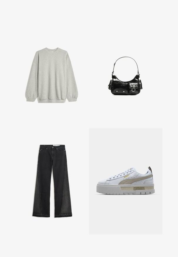 Grauer Kapuzenpullover aus weichem Stoff, mit Rundhalsausschnitt, langen Ärmeln mit elastischen Bündchen und einem lockeren Schnitt. Keine Muster oder Akzente.; Schwarzjeans mit weitem Bein aus Denim und fransigem Saum. Enthält kontrastierende Seitenpaneele und das standardmäßige Fünf-Taschen-Design. Knopf- und Reißverschluss.; Weißer Sneaker mit auffälligem beigefarbenem Streifen, dickem grauem Sohlenrand und goldenen Akzenten. Er verfügt über runde Schnürsenkel und eine strukturierte Zunge mit Branding.; Schwarze Lackleder-Handtasche mit geschwungenem Design, einem Schulterriemen, Vordertaschen und silberfarbenen Hardware-Akzenten.
