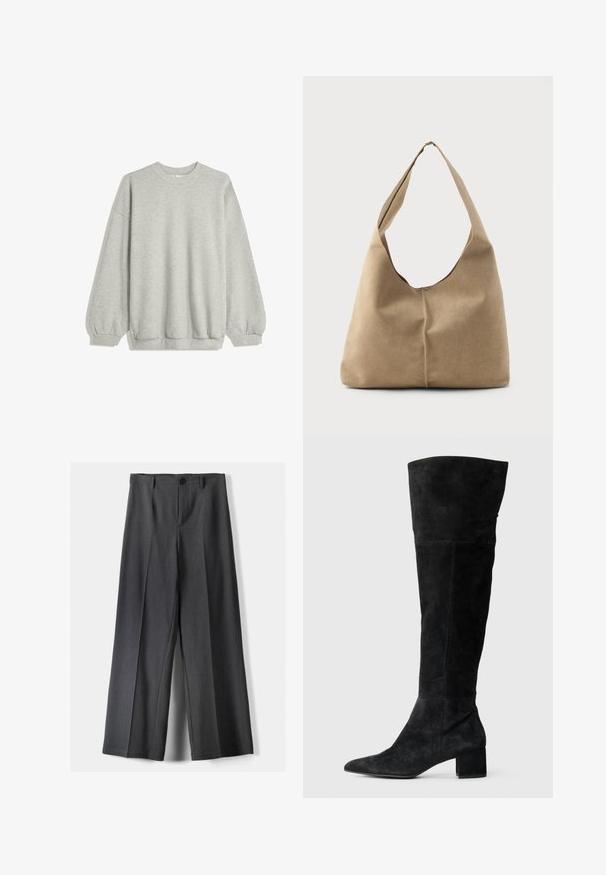 Grå sweatshirt lavet af blødt stof, med rund hals, lange ærmer med elastiske manchetter og en afslappet pasform. Ingen mønstre eller accenter.; Vidde-bukser i mørkegrå stof med knaplukning, frontfolder og bæltestropper. Glat tekstur med et skræddersyet design.; Sorte ruskindsstøvler over knæet med spids tå og blokhæle. Glat tekstur med sidesyninger og en tætsiddende pasform.; Hobo taske i blød beige ruskind med en afslappet form, bred skulderrem og håndsyet sømdetalje langs fronten.