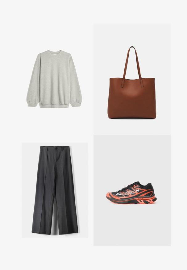 Siva dukserica izrađena od mekog materijala, s okruglim izrezom, dugim rukavima s elastičnim manžetama i opuštenim krojem. Nema uzoraka ni naglasaka.; Hlače širokih nogavica od tamnosive tkanine, s kopčanjem na gumb, prednjim plisiranjima i petljama za remen. Glatka tekstura s krojem.; Crne i narančaste tenisice za trčanje s mrežastim gornjim dijelom, prepoznatljivim logotipom, teksturiranim dizajnom i uloškom za ublažavanje. Ima integrirani sustav vezanja.; Smeđa kožna torba preko ramena s glatkom teksturom, otvorenim vrhom i dvjema naramenicama. Ima minimalne šavove i nema vidljivog hardvera.