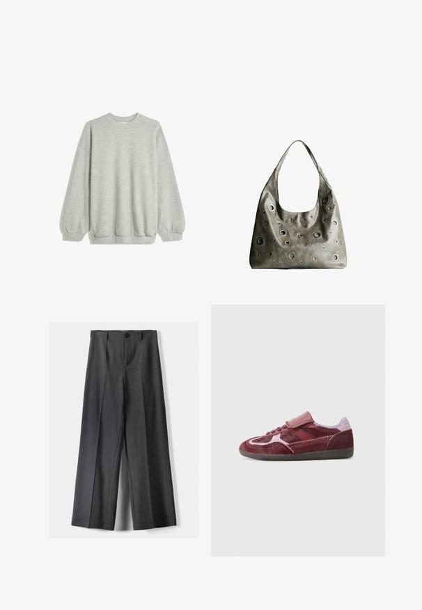 Hanorac gri dintr-un material moale, având guler rotund, mâneci lungi cu manșete elastice și o croială lejeră. Fără modele sau accente.; Pantaloni evazați din țesătură gri închis, cu închidere cu buton, pliseuri frontale și curea. Textură netedă cu un design ajustat.; Tenisi roșii din suede, cu vârf neted, panouri laterale texturate, șireturi tonale și o curea cu Velcro. Prezintă o talpă exterioară din cauciuc negru, rezistentă.; Geantă din piele de culoare verde măslin, cu un design relaxat, având decupaje circulare de diverse dimensiuni și accente în nuanțe mai închise și mai clare.
