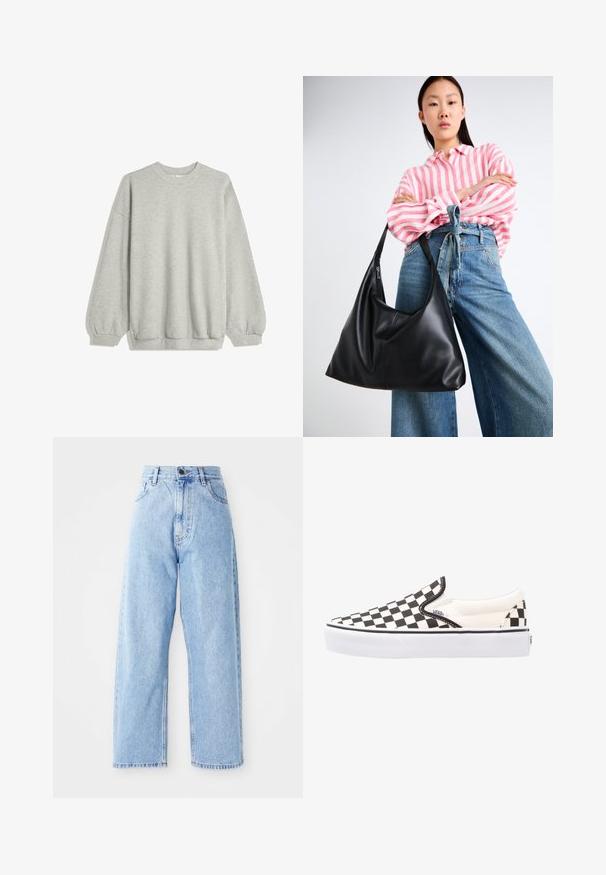 Szürke pulóver, amely puha anyagból készült, kerek nyakkivágással, hosszú ujjakkal, rugalmas mandzsettákkal és laza fazonnal. Nincsenek minták vagy díszítések.; Magas derekú világoskék farmernadrág egyenes széles lábakkal, elülső gombbal, cipzáros záródással, valamint elülső és hátsó zsebekkel.; Fekete-fehér kockás slip-on Vans cipők vászon felsőrésszel, gumitalppal és párnázott bokavéggel. Lapos, kerek orr és fehér talprész.; Fekete bőr válltáska, laza formával és varrás részletekkel. A model egy rózsaszín és fehér csíkos inget visel széles szárú kék farmernadrággal.