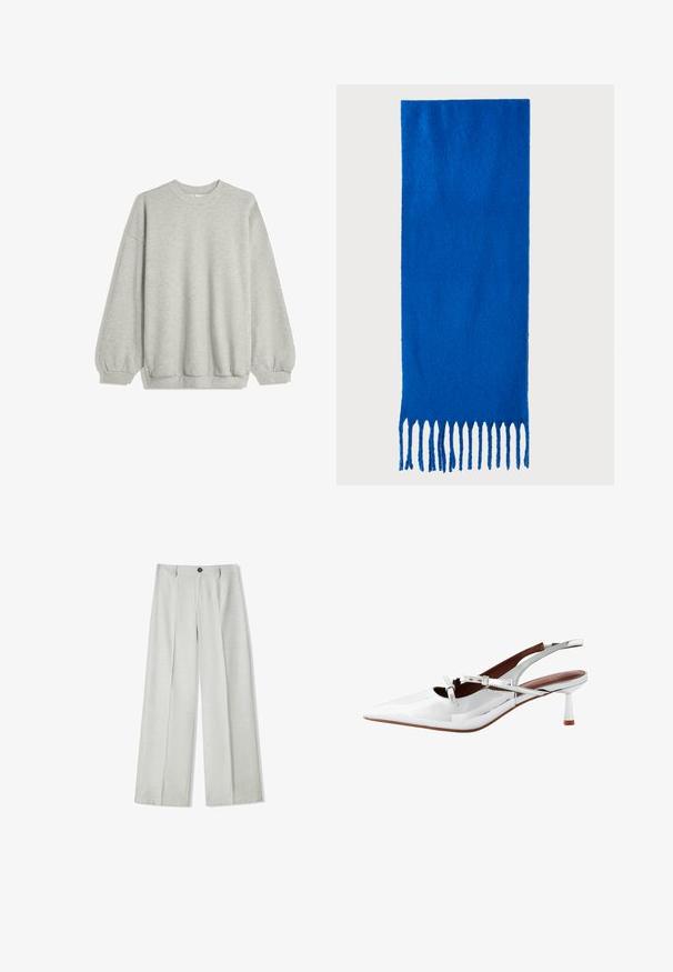 Grå sweatshirt lavet af blødt stof, med rund hals, lange ærmer med elastiske manchetter og en afslappet pasform. Ingen mønstre eller accenter.; Lys grå brede benbukser lavet af et struktureret stof, med knaplukning og to plisser foran for ekstra detaljer.; Hvid patentlæder slingback hæl med spids tå, slank hæl, krydsede stropper og en subtil spænde detalje. Glat, blank finish.; Blå frynset tørklæde lavet af blødt stof; har en ensfarvet overflade med tekstur og jævnt klippede frynser i bunden.; Vævet stråhåndtaske med en buet silhuet, der har en glat sort læderrem og en matching lille pung, der er fastgjort med en håndledsrem.
