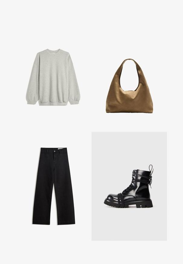 Felpa grigia realizzata in morbido tessuto, caratterizzata da un collo tondo, maniche lunghe con polsini elastici e una vestibilità rilassata. Senza motivi né decorazioni.; Pantaloni in denim neri a gamba larga con vita alta, dotati di tasche anteriori e posteriori, cuciture a punto, e chiusura con bottone. Texture liscia.; Stivale in pelle verniciata nera con suola spessa, punta arrotondata e dettagli con lacci. Presenta lacci avvolti e un'appiglio sul tallone.; Borsa a spalla in tessuto marrone con un corpo ampio e arrotondato e una grande maniglia a taglio. Texture morbida, design minimalista e senza hardware visibile.