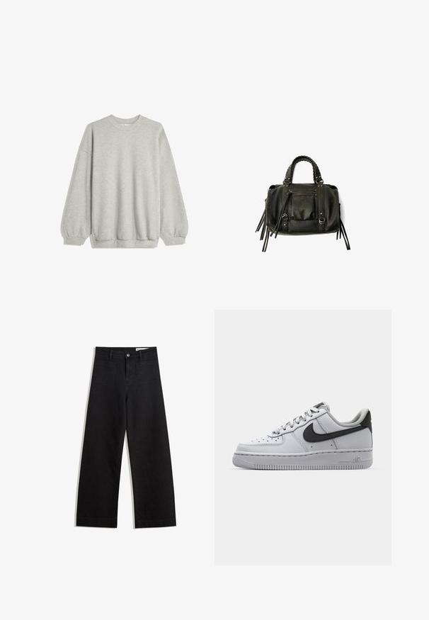 Šedá mikina vyrobená z měkké látky, s kulatým výstřihem, dlouhými rukávy s elastickými manžetami a volným střihem. Bez vzorů nebo akcentů.; Černé denimové kalhoty s volným střihem a vysokým pasem, vybavené předními a zadními kapsami, prošívanými švy a knoflíkovým zapínáním. Hladká textura.; Bílé kožené tenisky se šedými akcenty, kulatá špička, texturovaný povrch, polstrovaný límec a kontrastní černý logotyp swoosh. Podešev s vzduchovým polstrováním.; Černá kožená kabelka s pletenými rukojetmi, kapsou na zip a visícími třásněmi. Texturovaný povrch s kovovými hroty a kovovými akcenty.