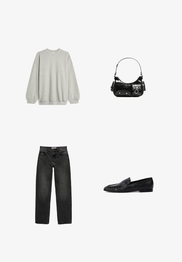 Grauer Kapuzenpullover aus weichem Stoff, mit Rundhalsausschnitt, langen Ärmeln mit elastischen Bündchen und einem lockeren Schnitt. Keine Muster oder Akzente.; Schwarze Jeans aus Denim mit lockerer Passform, geradem Bein, fünf Taschen-Design und einer leicht gewaschenen Textur. Knopf- und Reißverschluss vorne.; Schwarze Lederloafers mit runder Zehe, gestickten Details an der Vorderseite und flacher Sohle. Minimalistisches Design mit dezentem Logoakzent.; Schwarze Lackleder-Handtasche mit geschwungenem Design, einem Schulterriemen, Vordertaschen und silberfarbenen Hardware-Akzenten.