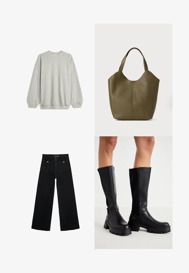 Szara bluza z miękkiego materiału, z okrągłym dekoltem, długimi rękawami z elastycznymi mankietami oraz luźnym krojem. Bez wzorów i akcentów.; Czarne, szerokie dżinsy z wysokim stanem, z dwoma przednimi kieszeniami i metalowymi guzikami. Tkanina ma gładką fakturę.; Czarne wysokie botki wykonane z gładkiej sztucznej skóry, z grubą podeszwą, zamkiem błyskawicznym z boku i zaokrąglonym noskiem.; Torebka na ramię w oliwkowozielonym kolorze z podwójnymi uchwytami, gładka tekstura i czteropanelowa konstrukcja. Wzmocnione przeszycia wzdłuż szwów dla większej trwałości.