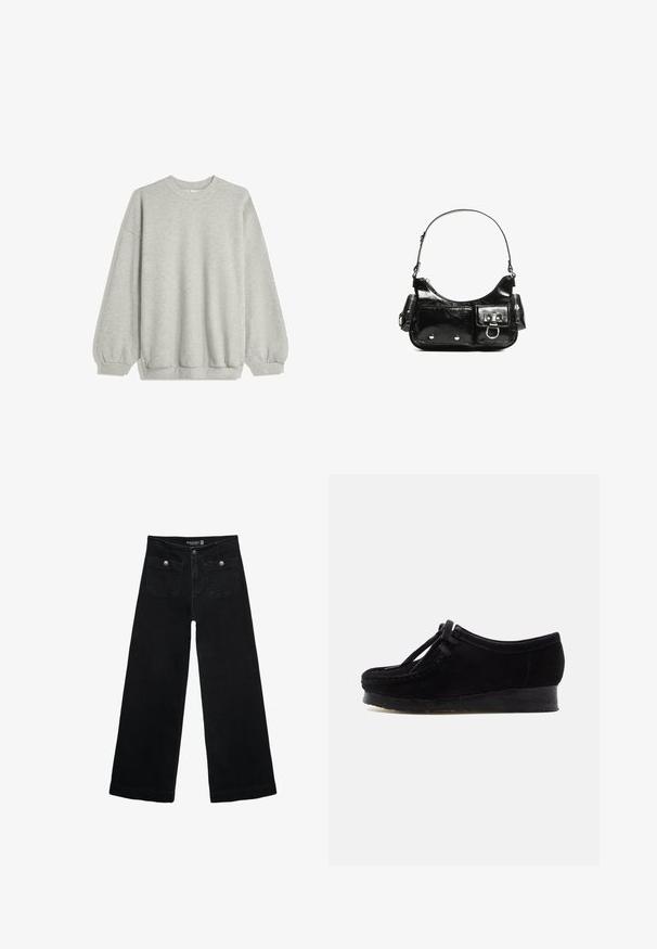 Sivá mikina vyrobená z mäkkej tkaniny, s klasickým okrúhlym golierom, dlhými rukávmi s elastickými manžetami a voľným strihom. Bez vzorov alebo akcentov.; Čierne široké nohavice s vysokým pásom, s dvoma prednými vreckami a kovovými detailmi na gombíku. Tkanina má hladkú textúru.; Čierne semišové topánky s zaoblenou špičkou, prešívaním na prednej časti a šnurovaním. Obsahujú nízku gumovú podrážku pre zvýšený komfort.; Čierna laková kožená kabelka s ohnutým tvarom, jedným ramenným popruhom, prednými vreckami a striebornými kovovými doplnkami.