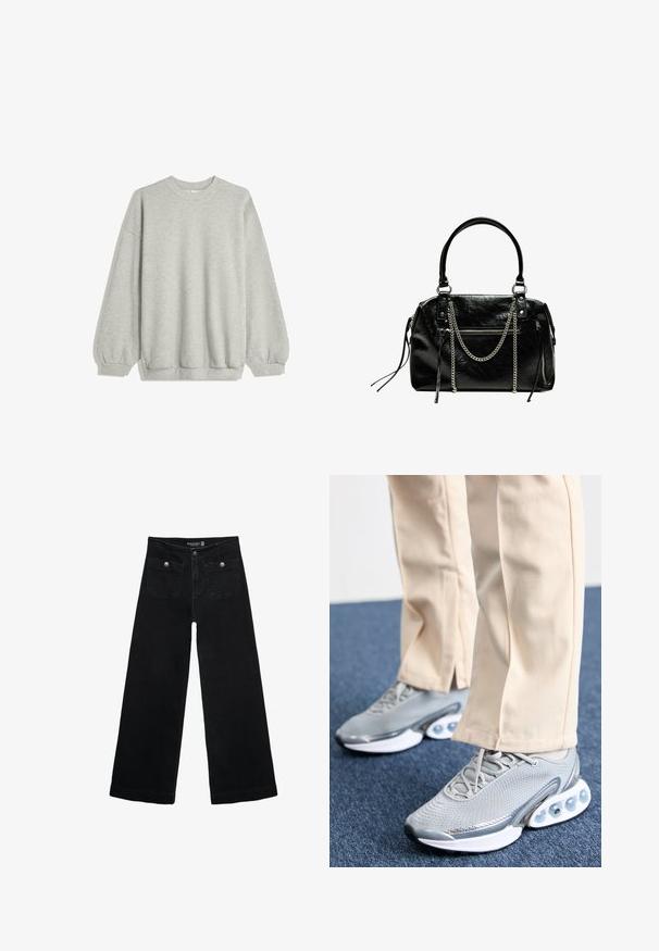 Grauer Kapuzenpullover aus weichem Stoff, mit Rundhalsausschnitt, langen Ärmeln mit elastischen Bündchen und einem lockeren Schnitt. Keine Muster oder Akzente.; Schwarze, weit geschnittene Jeans mit hoher Taille, die zwei Fronttaschen und metallene Knopfakzente aufweist. Der Stoff hat eine glatte Textur.; Graue Sportschuhe mit Netzoberfläche, runder Zehenpartie und gepolstertem Boden; verfügen über kleine Luftbläschen in der Sohle für zusätzlichen Halt.; Bershka WITH CHAIN - Handtasche - black