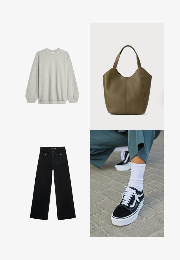Gray sweatshirt made of soft fabric, featuring a crew neck, long sleeves with elastic cuffs, and a relaxed fit. No patterns or accents.; Black wide-leg jeans with a high waist, featuring two front pockets and metal button accents. The fabric has a smooth texture.; Black suede sneaker with white accents and laces, featuring a thick white sole and contrasting stitching, paired with a white sock.; Olive green leather tote bag with dual straps, smooth texture, and four panel design. Reinforced stitching along seams for durability.