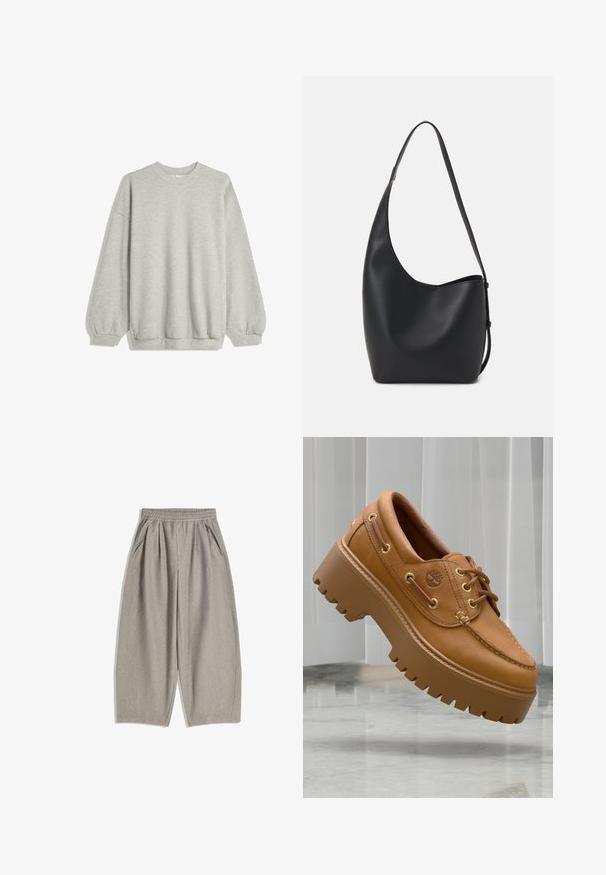 Grauer Kapuzenpullover aus weichem Stoff, mit Rundhalsausschnitt, langen Ärmeln mit elastischen Bündchen und einem lockeren Schnitt. Keine Muster oder Akzente.; Graue, weit geschnittene Hosen aus weichem Stoff, mit einem elastischen Bund und zwei seitlichen Taschen, in einem klaren, minimalistischen Design.; Braune Lederschuhe mit Plattform, dicken, geriffelten Sohlen, goldenen Ösen und einem schlichten, gestickten Design. Mit kleinem Logo an der Seite.; Schwarze Leder-Hobo-Tasche mit einer glatten Textur, geschwungener Form und einem einzelnen verstellbaren Tragegurt; verfügt über eine weite Öffnung am oberen Ende.