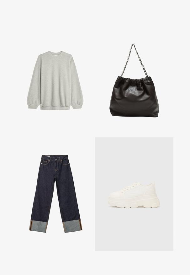 Siv sweatshirt iz mehkega blaga, z okroglim izrezom, dolgimi rokavi z elastičnimi manšetami in sproščenim krojem. Brez vzorcev ali dodatkov.; Temno modri široki kavbojke s zavihanimi robovi, ki imajo svetlejše denim in oranžno akcentno nit. Ima štiri žepke in gumb za zapiranje.; Bela platnena teniska z debelim podplatom, okroglo konico in petimi luknjicami za vezalke. Zadaj je dodana zanka za enostavno obuvanje. Gladka tekstura, minimalistična zasnova.; Rjava usnjena torba z nabranim vrhom in verižnim trakom. Gladka tekstura z sijajno površino in subtilnimi šivi na straneh.