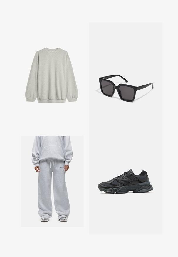 Szara bluza z miękkiego materiału, z okrągłym dekoltem, długimi rękawami z elastycznymi mankietami oraz luźnym krojem. Bez wzorów i akcentów.; Szary sweter z luźnym krojem i przetabianymi rękawami, zestawiony z pasującymi szerokimi spodniami dresowymi. Oba elementy mają miękką teksturę i minimalny detal z logo.; Czarne buty biegowe z mieszanką siateczki i materiałów syntetycznych, masywną podeszwą, opływowym kształtem oraz wyraźnym brandingiem z boku.; Czarny okulary przeciwsłoneczne w kwadratowej oprawie z ciemnymi przyciemnionymi soczewkami, wykonane z gładkiego, błyszczącego plastiku. Ramiona mają prosty, wydłużony kształt.