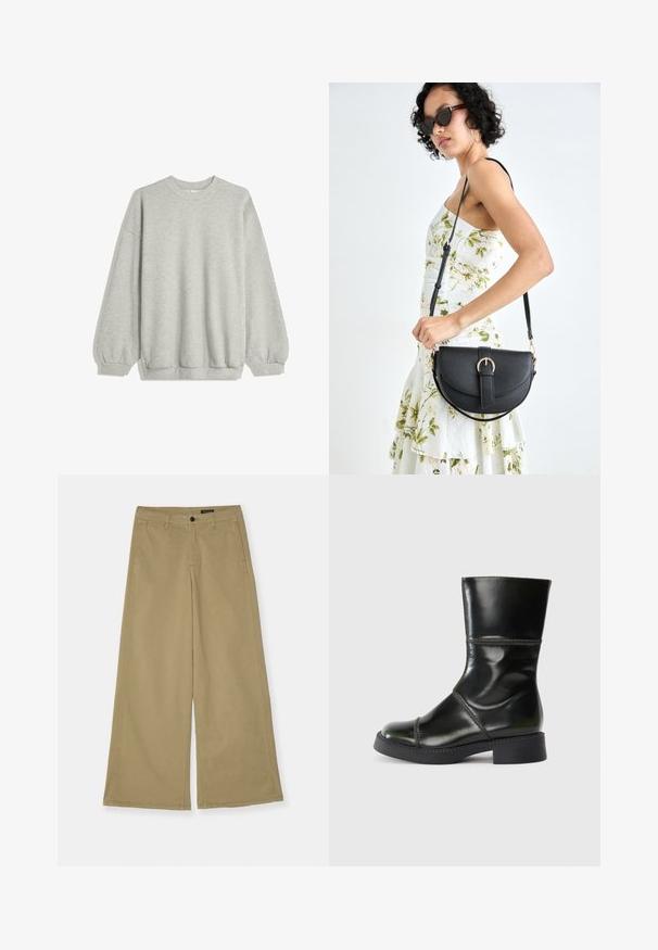 Grå sweatshirt lavet af blødt stof, med rund hals, lange ærmer med elastiske manchetter og en afslappet pasform. Ingen mønstre eller accenter.; Khaki viddebukser lavet af bomuld, med knaplukning, sidelommer og synlige syninger. Glat tekstur.; Sort læder ankelstøvle med rund tå, glat overflade, kontrastsyning og blokhæl, der har en let afsmalnet silhuet.; Sort læderhåndtaske med en buet form, aftagelig rem og guldfinish. Tasken har en klap med en spænde detalje.