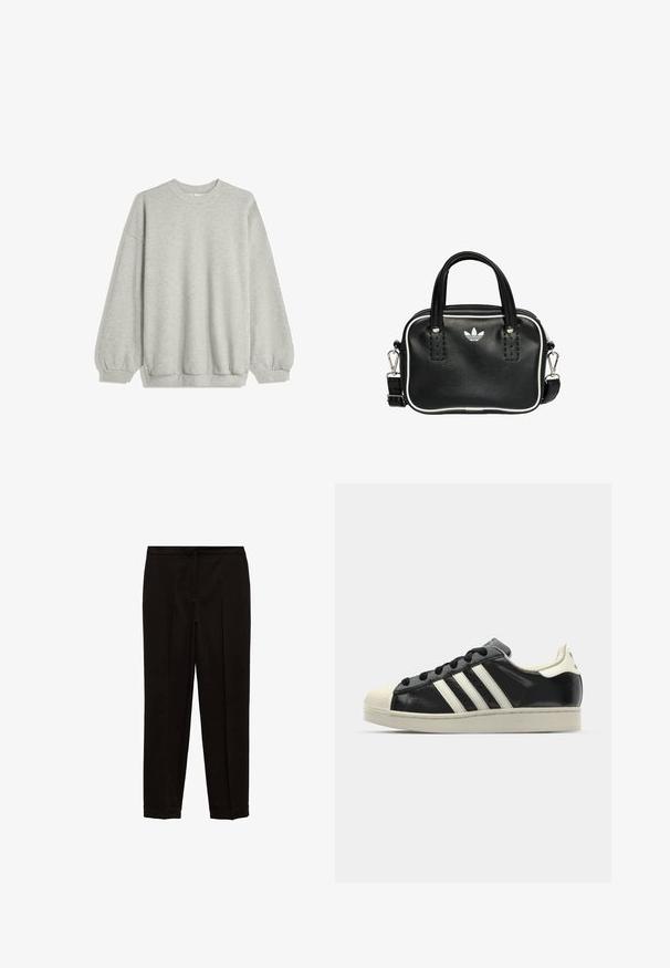 Gray sweatshirt made of soft fabric, featuring a crew neck, long sleeves with elastic cuffs, and a relaxed fit. No patterns or accents.; Black tailored trousers with a straight leg design, featuring a smooth texture, pressed front creases, and cuffed hems.; Black leather sneaker with white stripes, rubber toe cap, black laces, and a cream-colored outsole. Smooth texture with shiny finish.; Black leather handbag with two short handles, silver hardware, white accents, and a white logo. Features a textured surface and compact design.