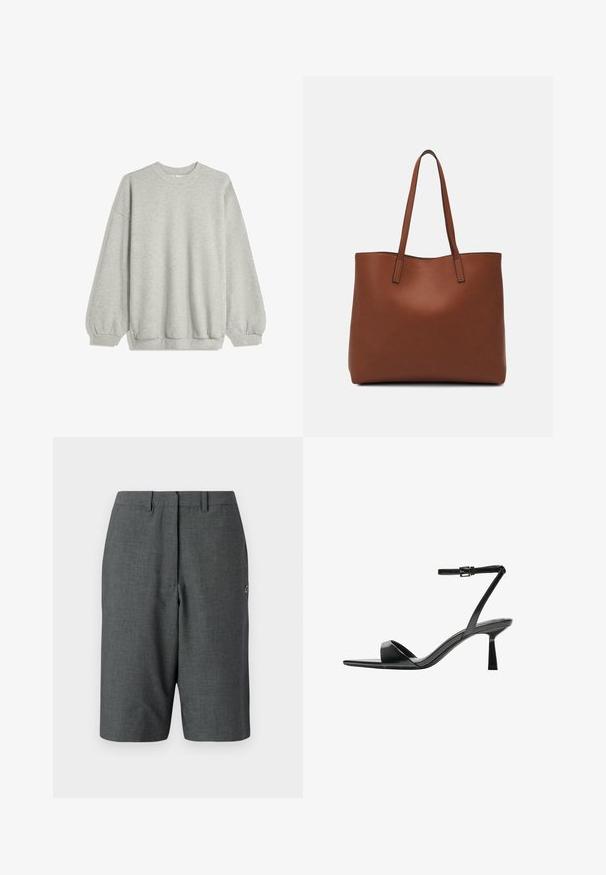 Siva dukserica izrađena od mekog materijala, s okruglim izrezom, dugim rukavima s elastičnim manžetama i opuštenim krojem. Nema uzoraka ni naglasaka.; Tamno sivi krojeni šorts s teksturiranom tkaninom, jednim prednjim nabranjem, petljama za pojas, bočnim džepovima i malim logotipom na nozi.; Bershka Sandale s visokom petom - black; Smeđa kožna torba preko ramena s glatkom teksturom, otvorenim vrhom i dvjema naramenicama. Ima minimalne šavove i nema vidljivog hardvera.