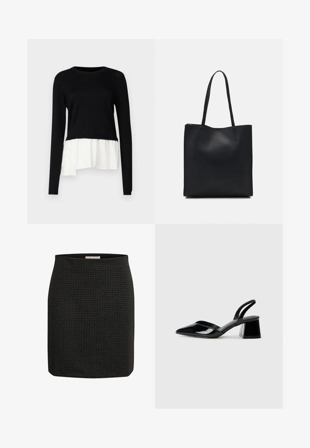 Black long-sleeve top featuring a contrasting white ruffled hem, round neckline, and soft texture. Designed with a relaxed fit.; Black houndstooth-patterned skirt with a fitted design, straight silhouette, and a smooth texture. Features a waistband for added comfort.; Black patent leather slingback heels with a pointed toe and a geometric block heel. Features a sleek, minimal design and smooth texture.; Black leather tote bag with smooth texture, rectangular shape, and two long handles. No visible hardware or embellishments.