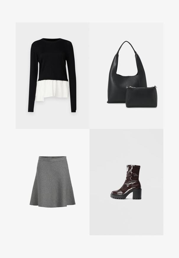 Maglietta nera a maniche lunghe con orlo arricciato bianco a contrasto, scollo rotondo e texture morbida. Disegnata con una vestibilità relaxed.; Gonna grigia a campana realizzata in tessuto morbido, caratterizzata da una vita liscia e un orlo che si allarga dolcemente, con una sottile trama e senza motivi.; Stivale alla caviglia bordeaux lucido con un tacco spesso nero, caratterizzato da una superficie liscia e un design semplice. Nessuna chiusura visibile o motivo.; Even&Odd SET - Borsa a mano - black