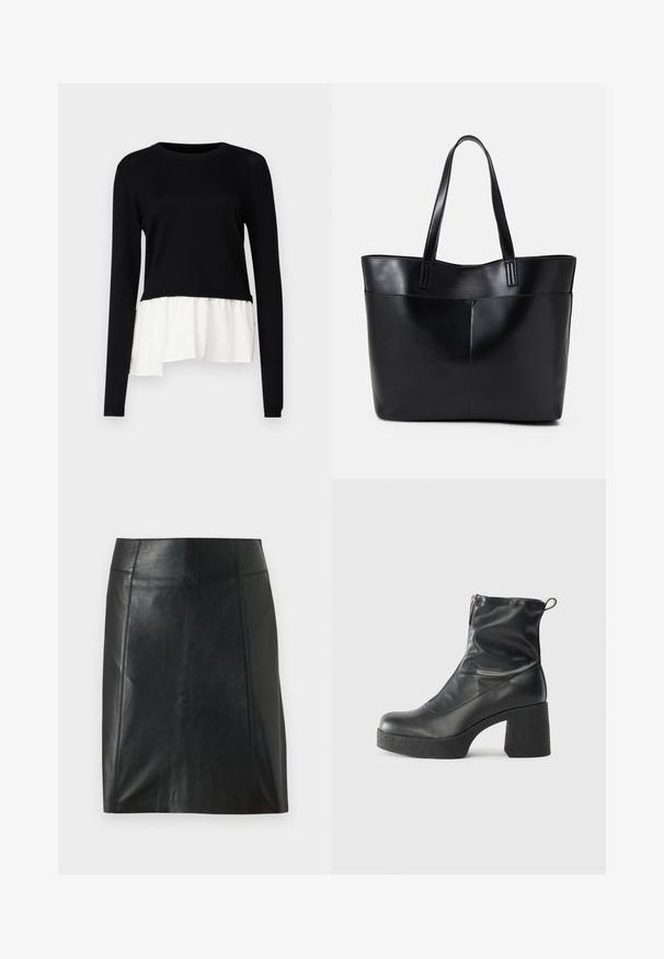 Juodas ilgomis rankovėmis viršus su kontrastingu baltu volančiu apvadu, apvalia iškirpte ir minkšta tekstūra. Sukurtas su laisvu siluetu.; Juodas odinis sijonas su prigludusia forma. Sklandžiai tekstūra, siūlės apibrėžiančios formą ir tiesus apvadas. Minimalistiškas ir elegantiškas išvaizda.; Juodos kulkšninių botai, pagaminti iš lygaus odos, su šoniniu užtrauktuku, masyviu tekstūruotu kulnu ir apvaliu pirštu.; Juoda odinė rankinė su dviem ilgais diržais, lygiu paviršiumi ir struktūrizuota forma. Yra priekinė kišenė papildomam saugojimui.