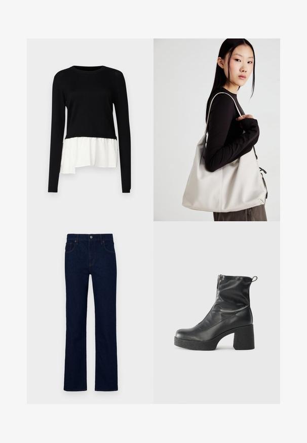 Juodas ilgomis rankovėmis viršus su kontrastingu baltu volančiu apvadu, apvalia iškirpte ir minkšta tekstūra. Sukurtas su laisvu siluetu.; Tamsiai mėlyni džinsai su tiesiu kirpimu, pagaminti iš džinsinio audinio. Ypatybės apima priekinį mygtuką ir penkias kišenes.; Juodos kulkšninių botai, pagaminti iš lygaus odos, su šoniniu užtrauktuku, masyviu tekstūruotu kulnu ir apvaliu pirštu.; Bežinė rankinė, pagaminta iš minkštos medžiagos, turinti laisvą dizainą, siuvinėtas detalės ir dvi petnešos. Tinkama kasdieniam naudojimui.