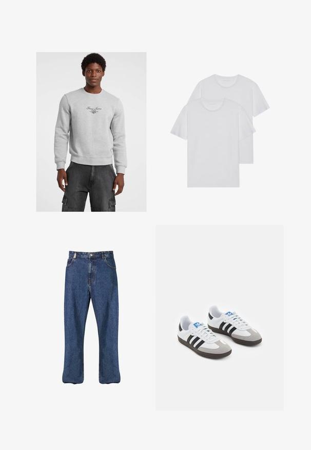 Harmaa collegepaita, jossa on pyöreä kaula-aukko, ribbaatut hihansuut ja helmassa. Rinnassa musta "Guess Jeans" -logo ja emblem. Yhdistetty tummiin cargo-housuihin.; Kaksi valkoista puuvillapaitaa, joissa on pyöreä kaula-aukko, lyhyet hihat ja pehmeä tekstuuri. Molemmissa on tasainen väri ilman näkyviä kuvioita tai varusteita.; Tummansiniset farkut, joissa on suora lahje, klassinen viisi-taskumalli ja näkyvät saumanompeleet.; Urheilukengät, joissa on valkoinen nahkainen päällinen, harmaa mokkanokka ja kolme mustaa raitaa. Ominaisuuksina sininen logo kielekkeessä ja kuvioitu kumipohja.