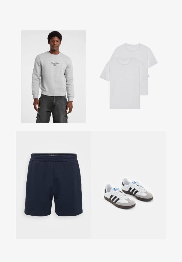 Sudadera gris con cuello redondo, puños y dobladillo acanalados. Presenta el logo y emblema de "Guess Jeans" en negro en el pecho. Llevada con pantalones cargo oscuros.; Dos camisetas de algodón blancas con cuello redondo, mangas cortas y una textura suave. Ambas tienen un color sólido y no presentan patrones ni elementos metálicos visibles.; Pantalones cortos de algodón color azul marino con cintura elástica, que cuentan con una textura suave y dobladillos cosidos. Pequeño logotipo de la marca en el lateral.; Zapatillas deportivas con parte superior de piel blanca, puntera de ante gris y tres rayas negras. Presentan un logo azul en la lengüeta y una suela de goma texturizada.