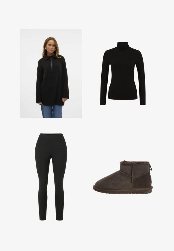 Czarny sweter z mieszanki wełny z zamkiem błyskawicznym przy kołnierzu typu mock, luźny krój, żebrowana tekstura i długie rękawy, w zestawie z niebieskimi dżinsami.; Czarny golf z długim rękawem o dopasowanym kroju, wykonany z miękkiej, elastycznej tkaniny. Gładka faktura i minimalne detale.; Czarne legginsy z wysokim stanem. Wykonane z elastycznego materiału, o gładkiej fakturze i dopasowanym kroju bez widocznych szwów.; Czarne zamszowe botki sięgające kostki z miękkim wnętrzem, okrągłym czubkiem, płaską podeszwą i dekoracyjnym przeszyciem po bokach i z tyłu.