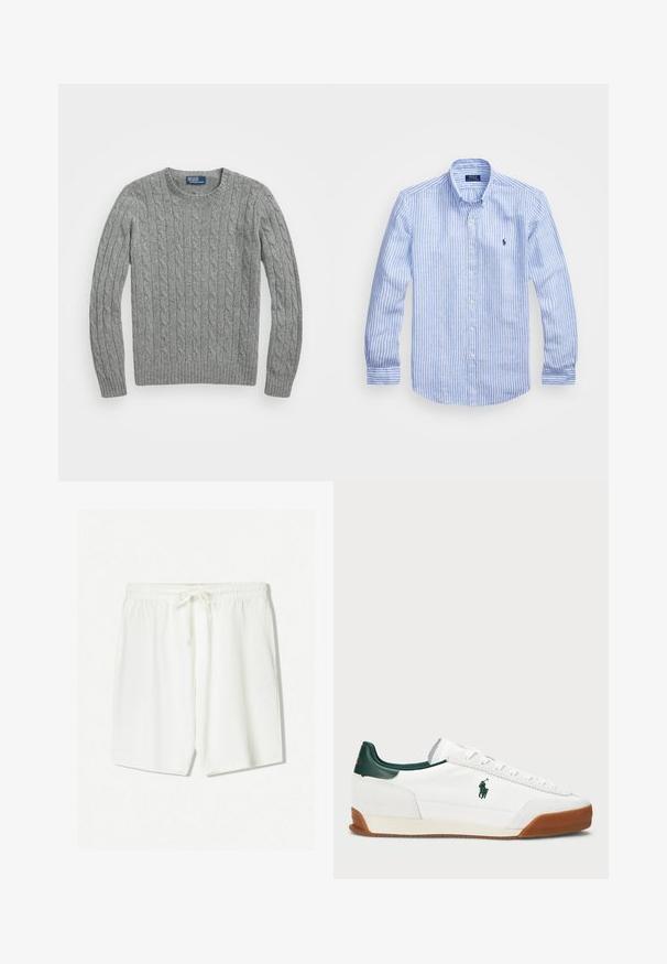 Grauer Kabelstrickpullover mit Rundhalsausschnitt und langen Ärmeln. Der Stoff hat eine gerippte Textur und weist ein einheitliches Muster auf.; Blau-weißer gestreifter Langarmshirt aus Baumwolle mit einem Button-Down-Kragen, Frontknöpfen und einem kleinen gestickten Logo auf der Brust.; Weiße sportliche Shorts aus leichtem Stoff mit einem elastischen Bund und einem Kordelzug sowie seitlichen Taschen. Glatte Textur.; Weiße Sneaker mit grünen Lederakzenten und einer braunen Gummisohle. Hat einen Stoffkörper und ein auffälliges Logo an der Seite. Schnürungsdesign.